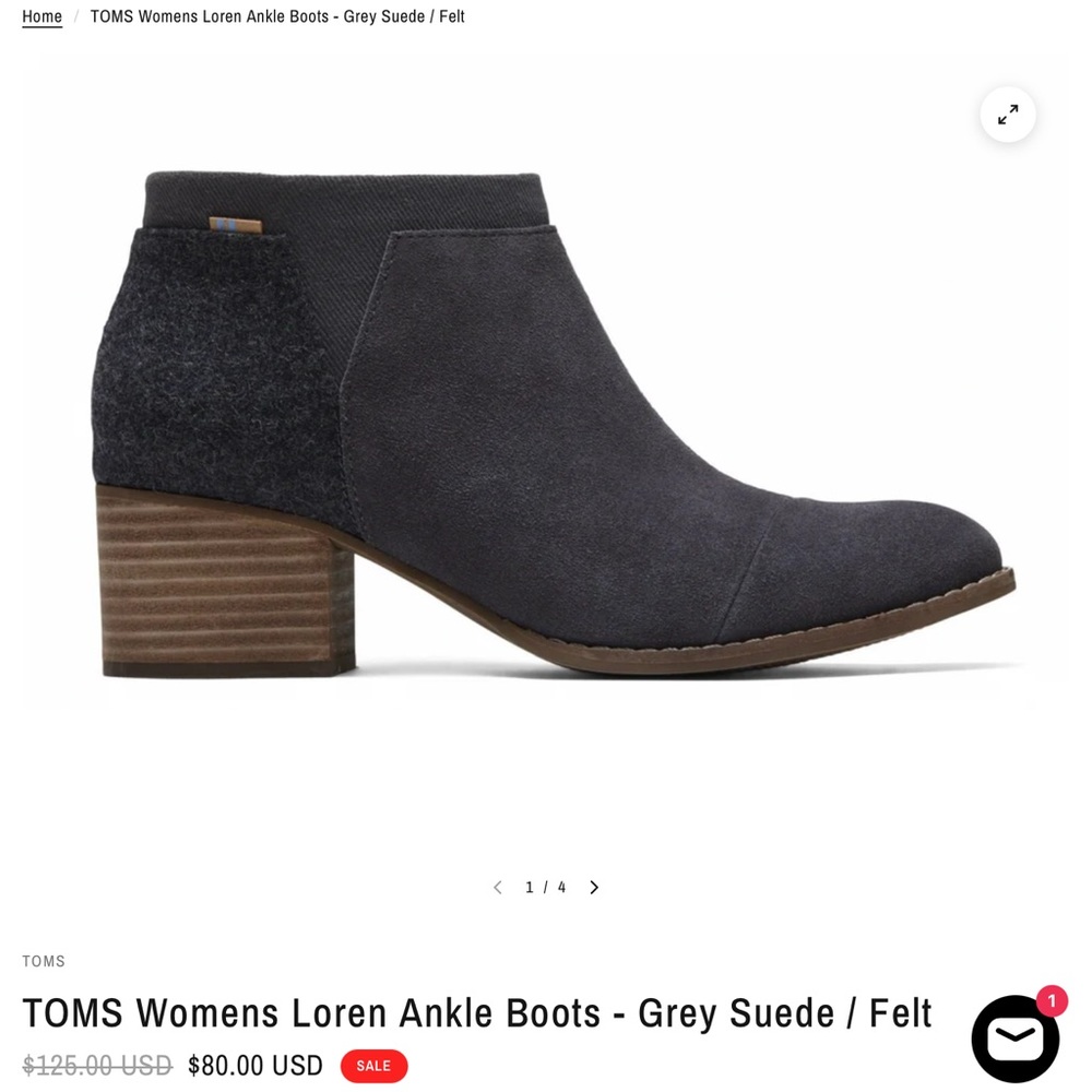 TOMS Womens Loren Ankle Boots - Grey Suede / Felt 9.5